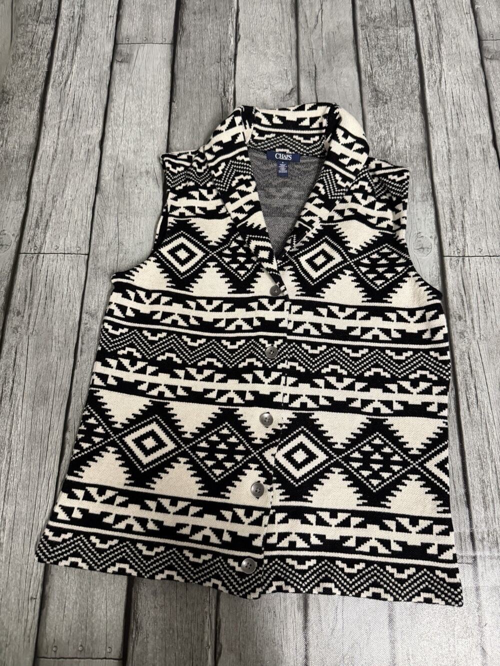 Women’s Chaps Knit Vest Black Cream 100% Cotton Southwestern Aztec Sz Medium